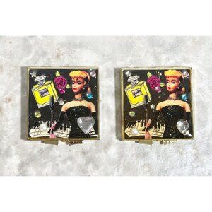 Vintage Retro Barbie Rhinestone Mirror Compact / Pill Box Set